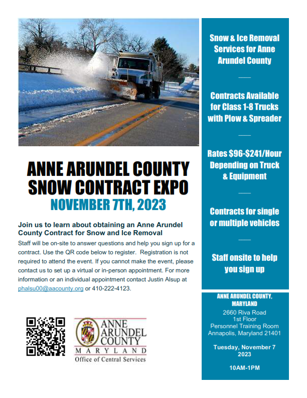 AACOPURCHASING's tweet photo. Anne Arundel County, Maryland is seeking contractors for Snow and Ice Removal Services.  Tuesday, November 7th we will be hosting an event to answer questions and help contractors sign up. The event will be from 10am until 1pm at 2660 Riva Road.  see the flyer below, https://t.co/eSEzyCie7q