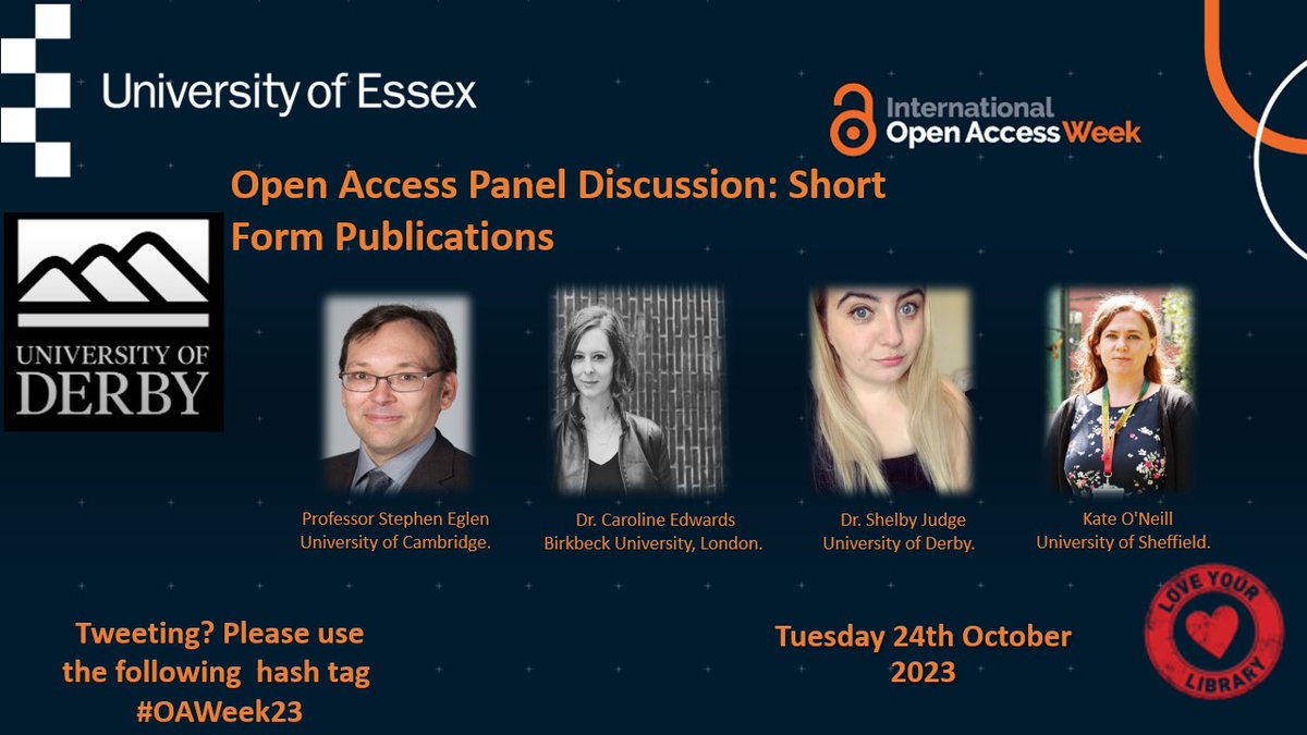 DerbyUniLibrary's tweet image. Come along at 10am to our online panel session on #OpenAccess &amp;amp; short form outputs! Don&apos;t miss out! Registration via this link 👉bit.ly/3rYxaHk 🌍🔓🥳@StephenEglen @Judgeyxo @the_blochian @KateFONeill @UniEssexLibrary #OAWeek #communityovercommercialisation