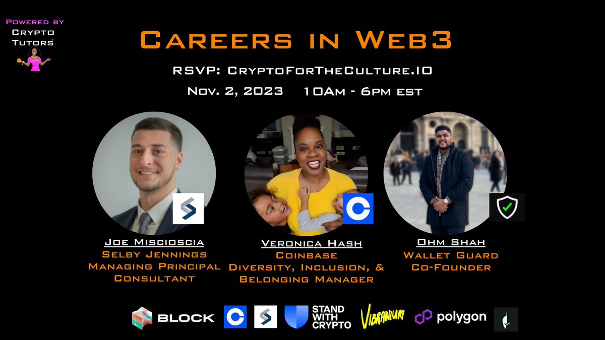 thecryptotutors's tweet photo. 🚨Panel Update🚨
OhmShah (Wallet Guard) joins Joe Miscioscia (Selby Jennings) &amp; Veronica Hash (@coinbase ) to discuss Careers in Web3. Join us Thursday, Nov 2nd, 10am- 6pm EST. RSVP for Free: 
https://t.co/Ke5TyMck54 https://t.co/aKcMdK05Sv