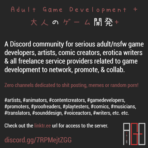 Discord community for #adult  #gamedevs, #erotica #writers, #comic creators &amp; all freelance services related to #gamedevelopment.

linktr.ee/xagdplusx

#lewd #nsfw #artists #nsfwart #translators #visualnovels #vn #avn #musicians #voiceactors