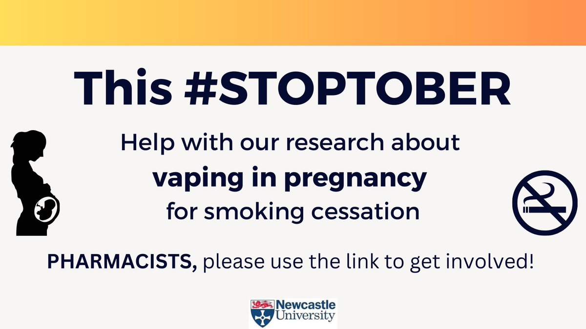 Pharmacists, we need your help! 
Please use the link to get involved in our research regarding vaping in pregnancy for smoking cessation.
newcastle.onlinesurveys.ac.uk/eligibility-qu… 
#Stoptober #pharmacists #maternity 
 <a href="/PharmacyHumber/">Community Pharmacy Humber (Humber LPC)</a> <a href="/DevonLPC/">Community Pharmacy Devon</a> <a href="/CPGreaterManc/">Community Pharmacy Greater Manchester</a>