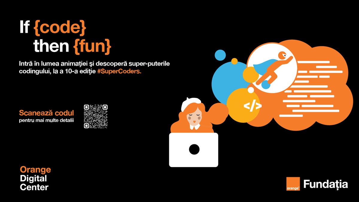 orangeromania's tweet image. Mai sunt câteva locuri la atelierele practice #SuperCoders din București din 23-26 octombrie, dedicate copiilor cu vârsta între 10 și 14 ani pasionați de programare în Scratch. Găsești detalii despre competiția națională SuperCoders #10 pe orangedigitalcenter.ro. #PentruMaine