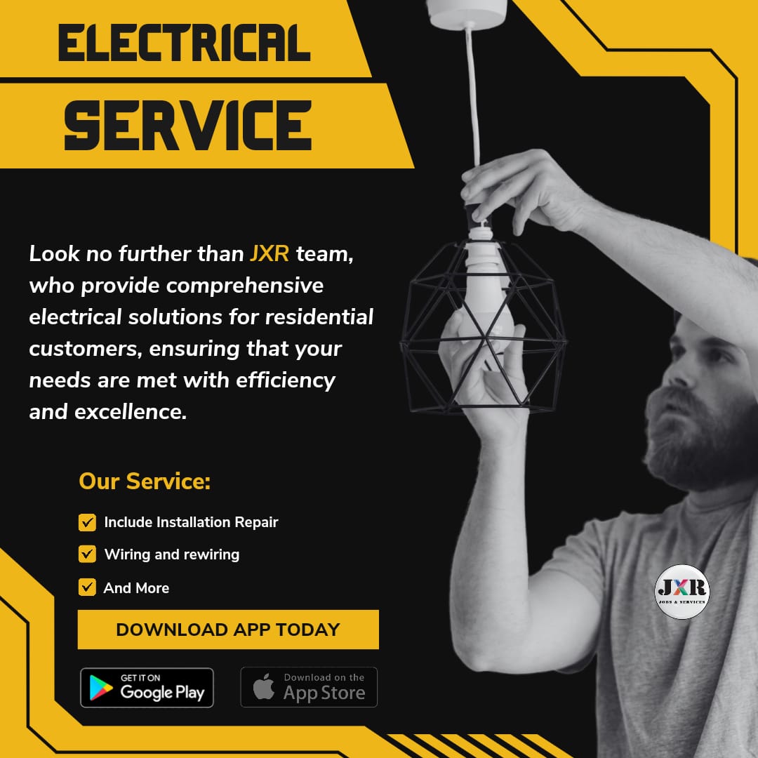 Power up your home with JXR's Electrical Services! ⚡💡 From lights to appliances, we've got you covered. Download our app and book your service today for a brighter, worry-free tomorrow. 

#ElectricalExperts #JXRElectrics #PowerYourHome #JXR