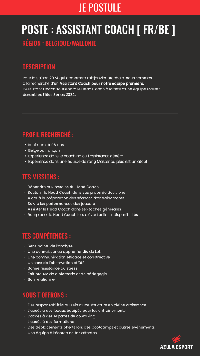 AzulaEsport's tweet photo. Bonjour à tous !

Nous sommes à la recherche d'un coaching staff pour accompagner notre équipe première lors des Elites Series 2024 en Belgique.

Vous trouverez ci-dessous les profils recherchés !

Intéressez ? 
Contactez sur discord "kelp3046" ou ".amatista" !

Merci pour les rt https://t.co/jTHJQlh4hw