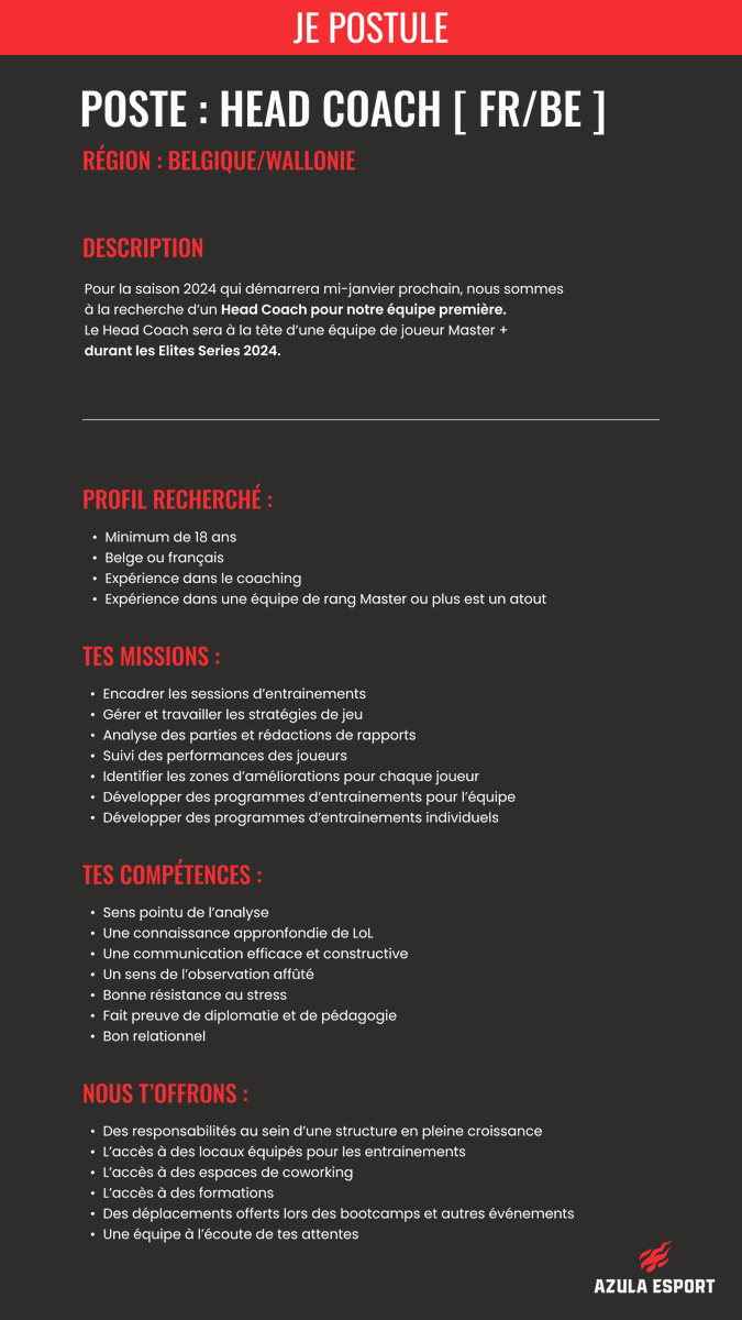 AzulaEsport's tweet photo. Bonjour à tous !

Nous sommes à la recherche d'un coaching staff pour accompagner notre équipe première lors des Elites Series 2024 en Belgique.

Vous trouverez ci-dessous les profils recherchés !

Intéressez ? 
Contactez sur discord "kelp3046" ou ".amatista" !

Merci pour les rt https://t.co/jTHJQlh4hw