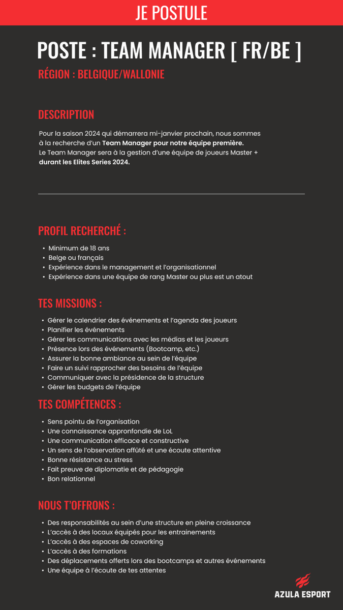 AzulaEsport's tweet photo. Bonjour à tous !

Nous sommes à la recherche d'un coaching staff pour accompagner notre équipe première lors des Elites Series 2024 en Belgique.

Vous trouverez ci-dessous les profils recherchés !

Intéressez ? 
Contactez sur discord "kelp3046" ou ".amatista" !

Merci pour les rt https://t.co/jTHJQlh4hw