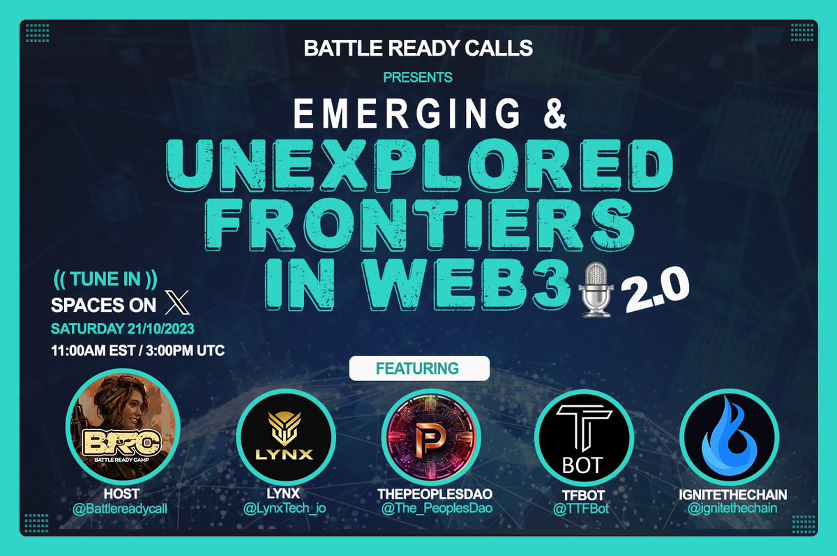 We have an exciting weekend adventure mapped out for you. Join us on Saturday, October 21st, 2023, at 11:00 AM EST/3:00 PM UTC! as we delve into Emerging and unexplored Frontiers in Web3 with the team from <a href="/The_PeoplesDao/">+The People's DAO</a> @ignitethechain <a href="/TTFBot/">TTF Bot - Track The Funds</a> and @LynxTech_io. Don't miss it!