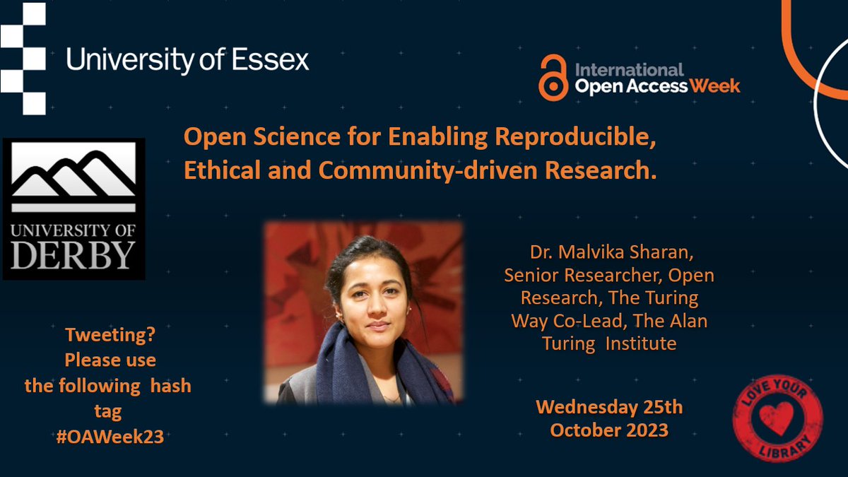 DerbyUniLibrary's tweet image. 📢There’s still time to sign up for today’s online session at 10am with @MalvikaSharan from the @turingway! Come along &amp;amp; celebrate #OAWeek with us! Sign up here 👉bit.ly/3FqonRv🌍🔓🥳@UniEssexLibrary #communityovercommercialisation