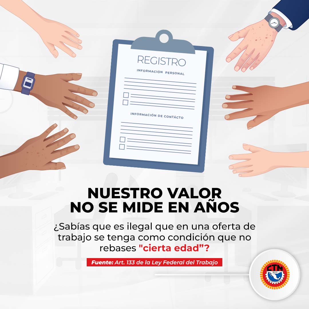 CTM_MX's tweet photo. 🔍Dato Laboral del Día🔍
¿Sabías que poner un límite de edad en ofertas de trabajo es ILEGAL? ¡Sí! La Ley Federal del Trabajo, en su Art. 133, lo prohíbe. En la @CTM_MX trabajamos día a día para que conozcas y defiendas tus derechos. 

¡No más discriminación laboral! 📘 https://t.co/rZYhugSeXV