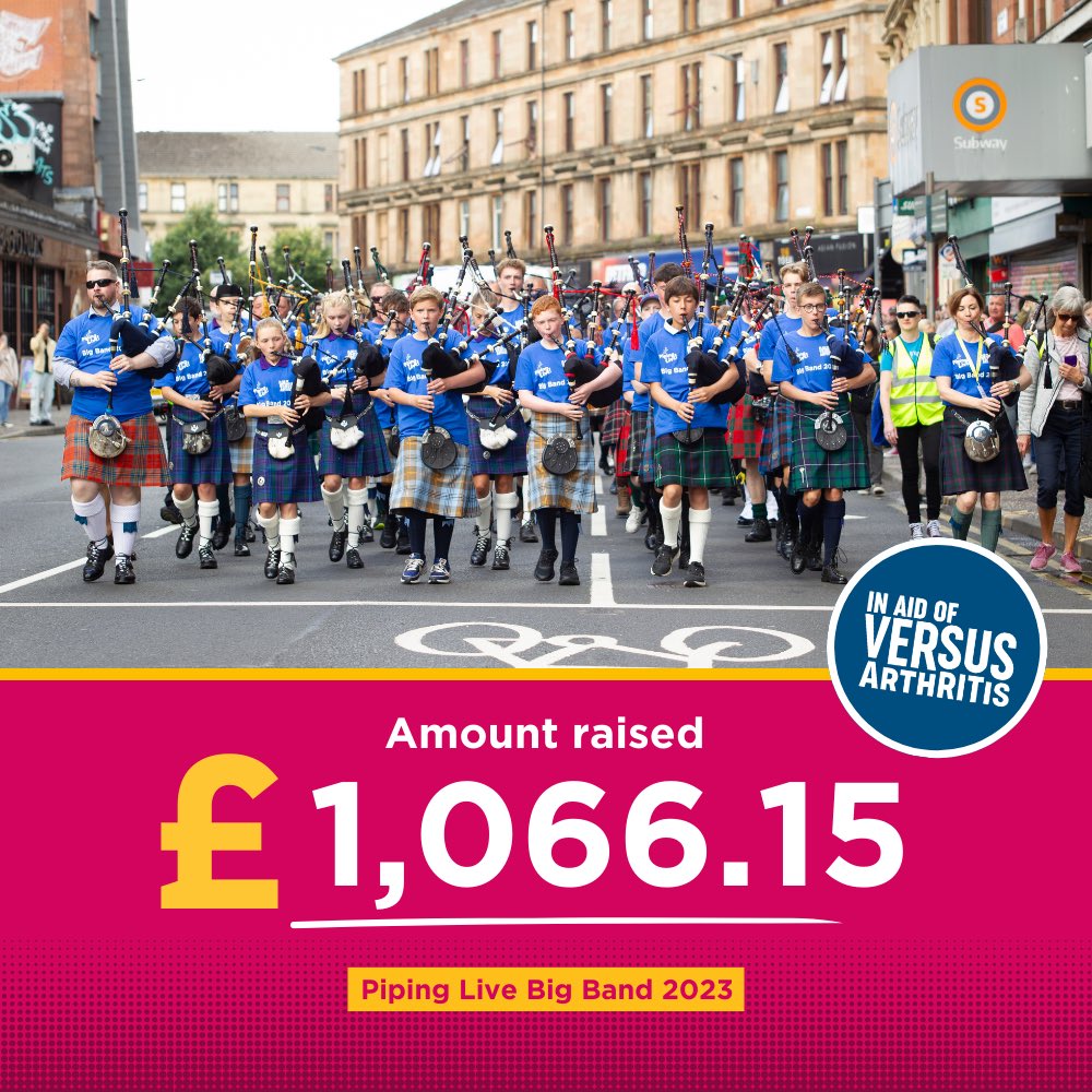 We’re delighted to announce that we raised £1,066.15 for @VersusArthritis. Thank you to everyone who took part in this year’s Big Band, and made this total possible! 🎶 Find out more about the charity and all the work they do 👉 versusarthritis.org/about-us/ . . #PipingLive2023