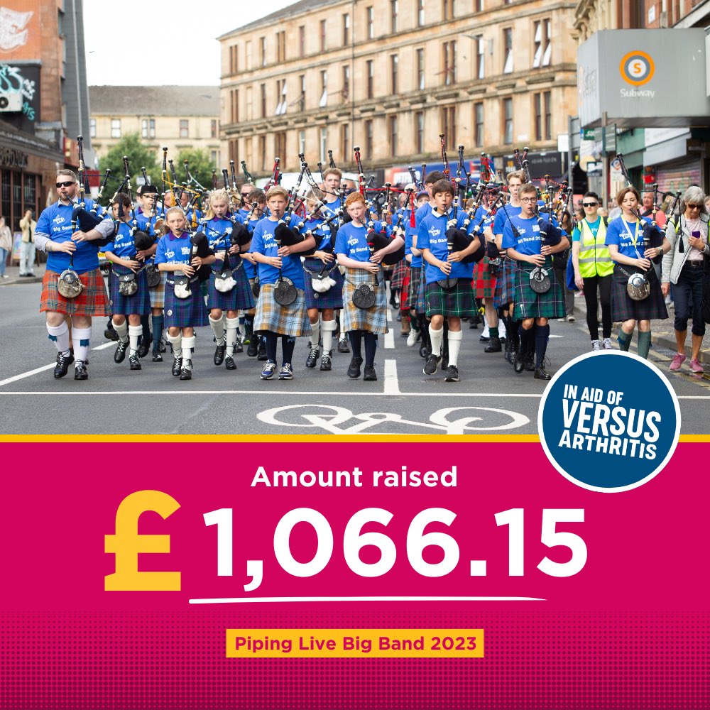 Piping Live! (@glasgowpiping) on Twitter photo We’re delighted to announce that we raised £1,066.15 for <a href="/VersusArthritis/">Versus Arthritis</a>.
Thank you to everyone who took part in this year’s Big Band, and made this total possible! 🎶
Find out more about the charity and all the work they do 👉 versusarthritis.org/about-us/
.
.
#PipingLive2023 We’re delighted to announce that we raised £1,066.15 for <a href="/VersusArthritis/">Versus Arthritis</a>.
Thank you to everyone who took part in this year’s Big Band, and made this total possible! 🎶
Find out more about the charity and all the work they do 👉 versusarthritis.org/about-us/
.
.
#PipingLive2023