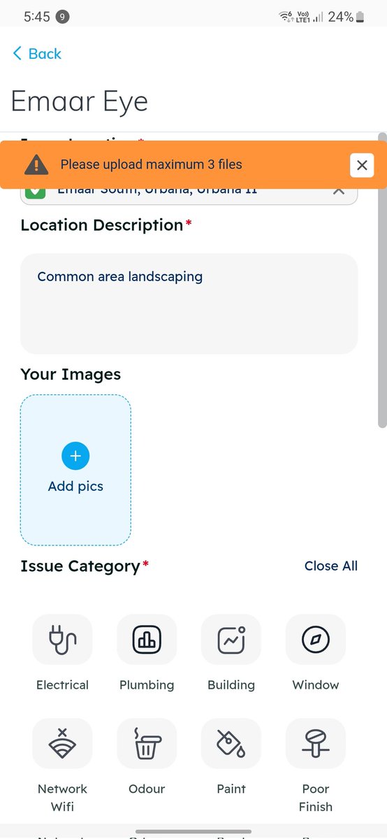 MehreenShora's tweet photo. @emaardubai  an badly developed app, where compaint cant be raised. Error occurs that max of 3 files can be uploaded all the times. And once cant post complaint on Emaar Eye. https://t.co/U5xa73ZUh7