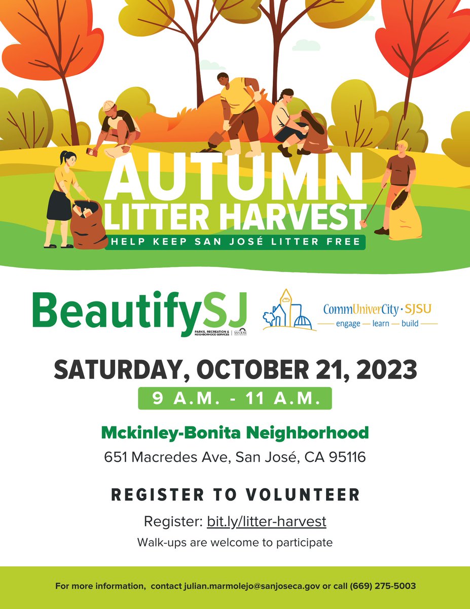 cucsjsu's tweet photo. We have partnered with Beatify SJ for an Autumn Litter Pick Up. We will be in 3 different neighborhoods: McKinley, Olinder, &amp; Roosevelt. If you want to volunteer at your nearest location please register at the provided links. Hope to see you there! Walk-ups are welcome! https://t.co/32DpZvHSLw