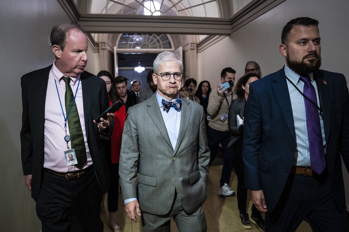 Rep. Jim Jordan, R-Ohio, and Rep. Patrick McHenry, R-N.C., depart a House Republican Conference where republicans voted for Jordan to step down as a candidate for Speaker of the House, on Capitol Hill today.