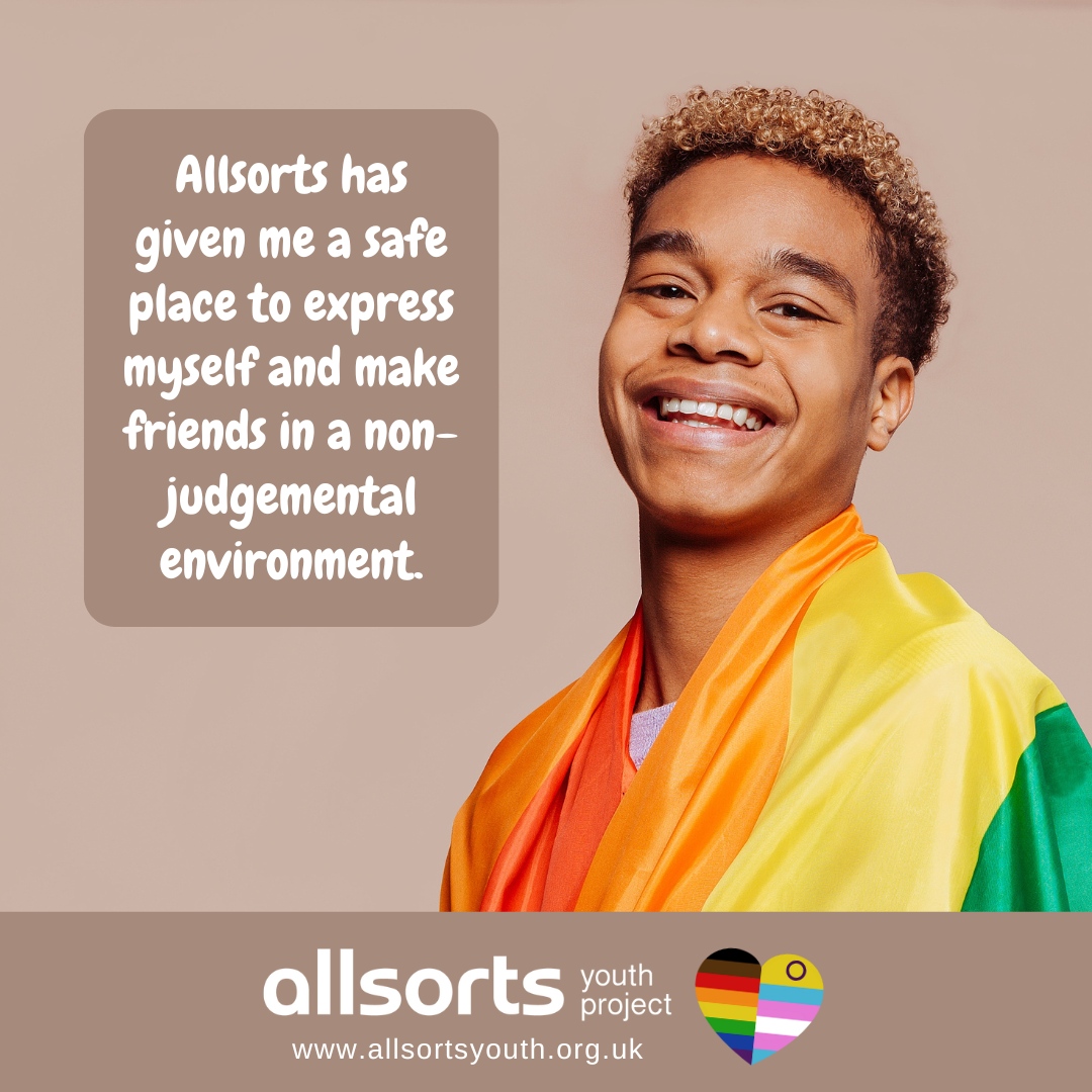 'Allsorts has given me a safe place to express myself and make friends in a non-judgemental environment.' Find out more about our LGBT+ youth services across Sussex at l8r.it/L8Yc 🌈🔗 #LGBT #YouthService #Sussex #Pride