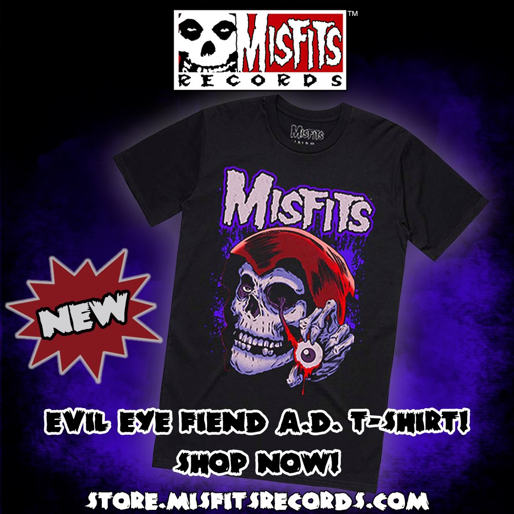A fiendish new spin on a retro classic... Misfits 'Evil Eye' Fiend A.D. Tee! Features all-new original art by 'Monster' Mark Kosobucki in a black lite inspired color-way, screened on a black tee. Art direction by John Cafiero. Available NOW at: Store.MisfitsRecords.com