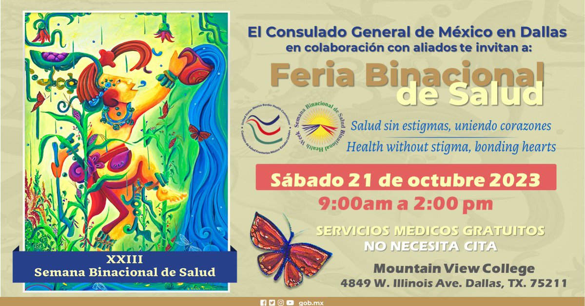 ConsulMexDal's tweet photo. Te esperamos este sábado 21 de octubre de 9 am a 2 pm en @mountainview_dc para el evento de la XXIII Semana Binacional de la Salud!⁠
¡El evento contará con vacunas contra la influenza, COVID-19 y exámenes de salud gratuitos!⁠ 💉🥃@ConsulMexDal y #VDSDallas https://t.co/8WjilcHlkO