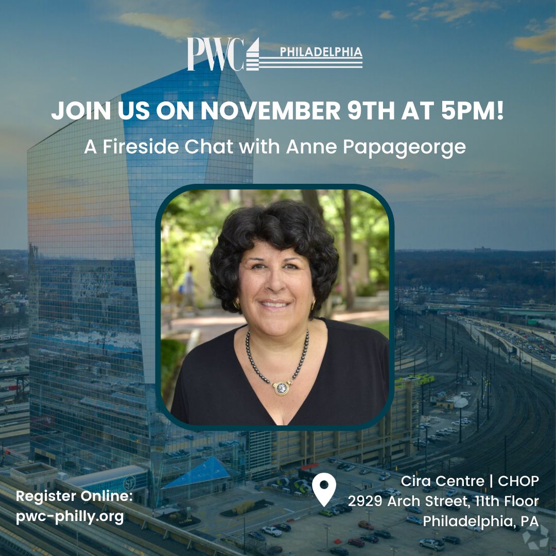 Join us on November 9th at 5PM for a Fireside Chat with Anne Papageorge, SVP for Facilities and Real Estate Services at the University of Pennsylvania! You don’t want to miss this event! 

Register at pwc-philly.org💻