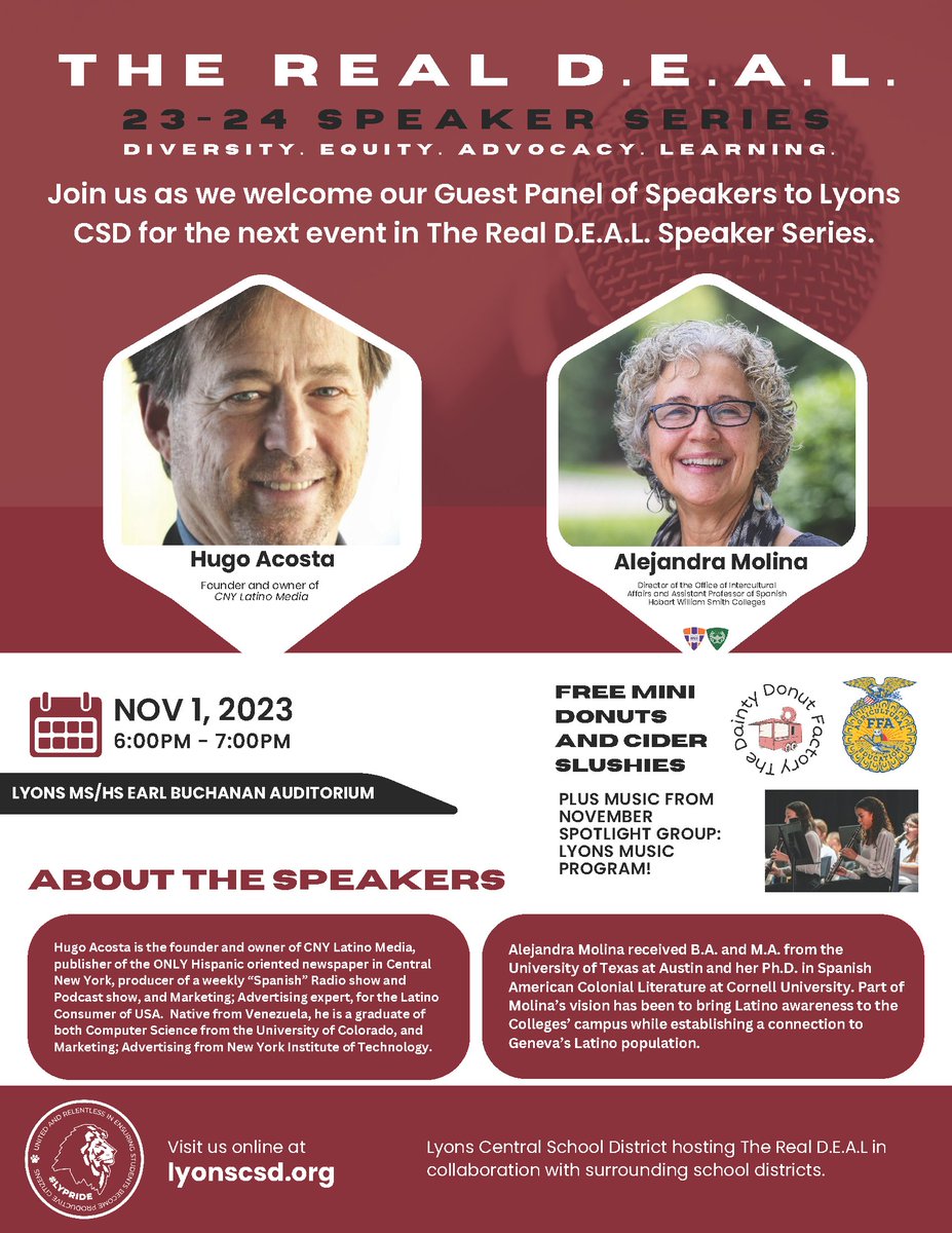 Please Save the Date for the next event in The Real D.E.A.L. Speaker Series: Wednesday, November 1st. At 6pm we will be joined by Mr. Hugo Acosta and Dr. Alejandra Molina in the Earl Buchanan Auditorium. There will be FREE mini donuts, cider slushies, and music too! 🍩🍎🎵