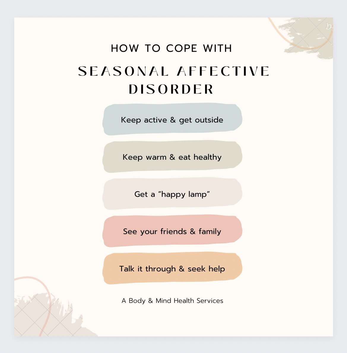 With colder weather & shorter days approaching, here are some coping skills for SAD. #abmhealthservices #idahohealth #seasonaldepression