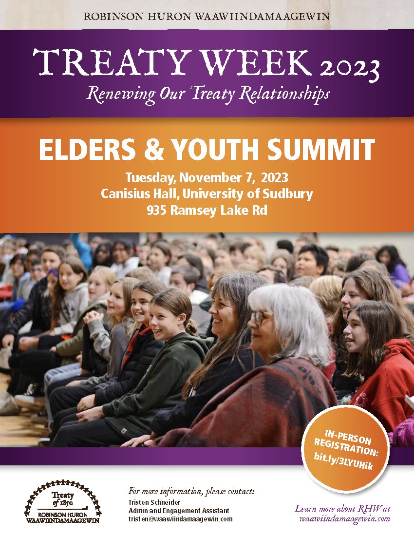 The agenda for Treaty Week 2023, hosted by the Robinson Huron Waawiindamaagewin has been released. The Treaty Week events are scheduled to take place from November 7th to November 9th. The events include an update on the Annuities Case and settlement for past compensation. (1/2)