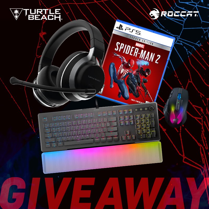 TurtleBeach's tweet image. Spider-Man 2 has swung into town! 🕸️
To celebrate, we're giving away:
🎧 Stealth Pro
⌨️ Vulcan II Max
🖱️ Kone XP Air
🕷️ Spider-Man 2
To enter, simply follow @TurtleBeach & @ROCCAT, like and retweet this post and tag a friend in the comments 👇