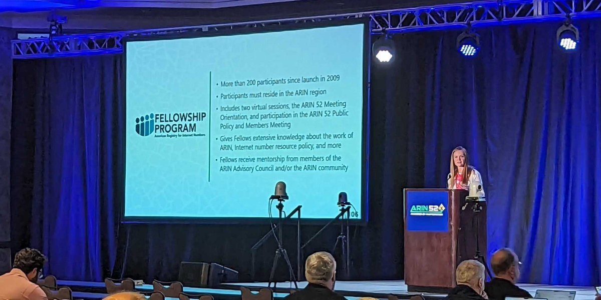 Up now at #ARIN52 is Amanda Gauldin, Community Programs Manager, with an update on ARIN's Fellowship and Grant programs as well as our ongoing outreach efforts: arin.net/streamARIN52