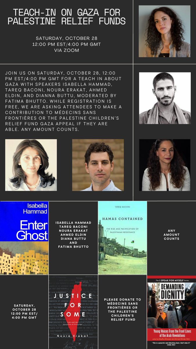 On Oct 28 I am moderating a teach-in on Gaza, <a href="/4noura/">Noura Erakat</a> <a href="/dianabuttu/">Diana Buttu</a> Tareq Baconi, <a href="/ASE/">Ahmed Eldin | احمد الدين</a> and Isabella Hammad will be speaking. Its free to join: theshipmanagency.com/classes/teach-… but we ask you to donate to <a href="/MSF/">MSF International</a> or <a href="/ThePCRF/">The PCRF (Palestine Children's Relief Fund)</a> if you can