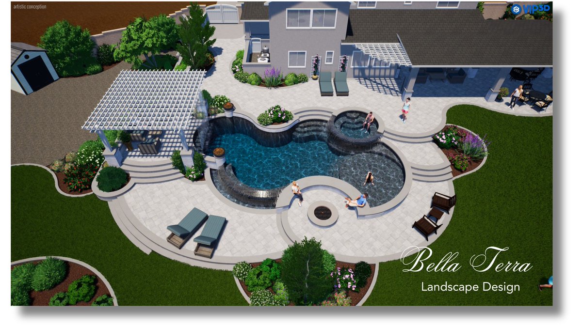 BellaTerraYards's tweet image. It&apos;s freeform Friday! Check out this amazing multilevel design with infinity edge pool, spa, firepit area and covered patio!  

#landscapedesign #pooldesign #structurestudios #hardscapedesign #plantplans #yardideas