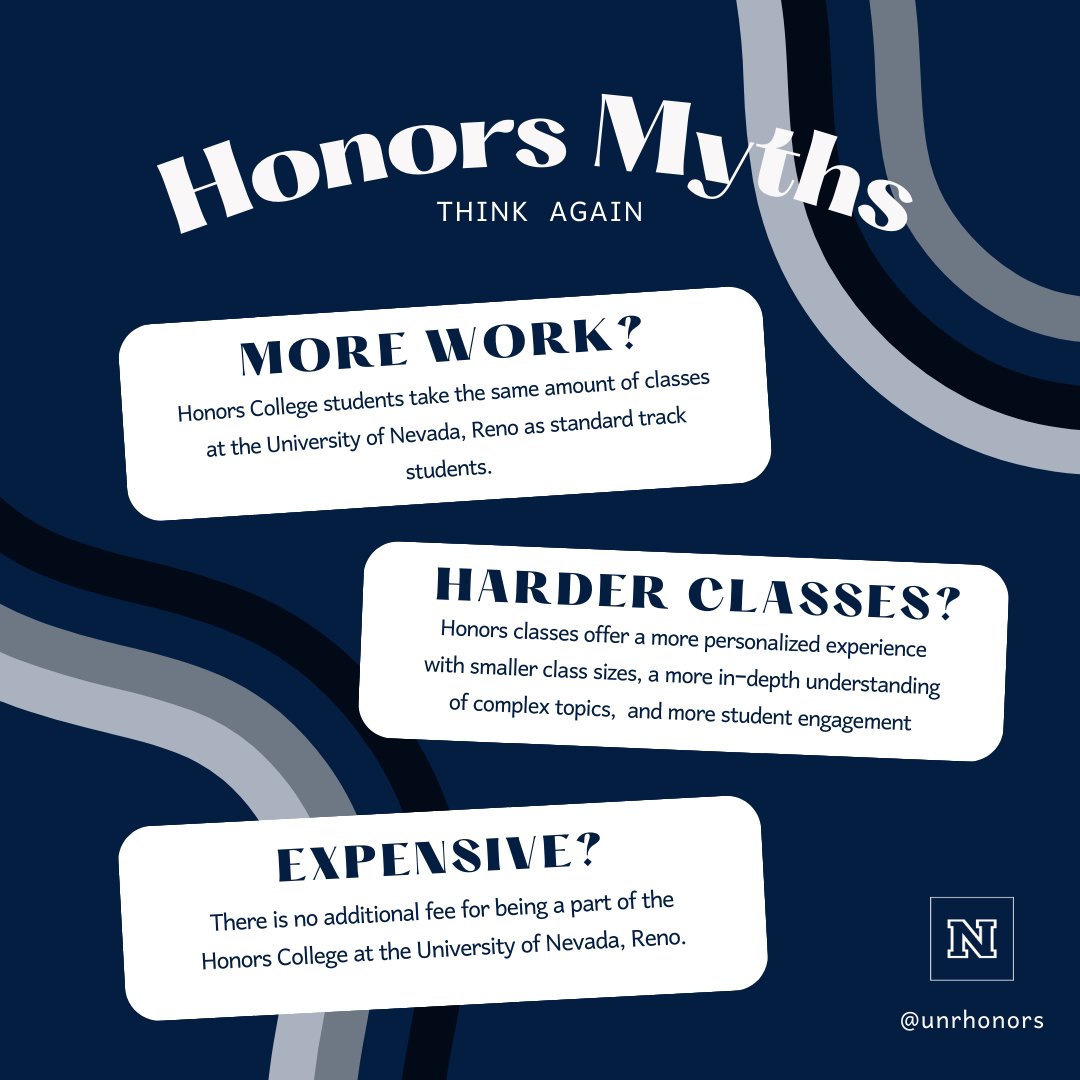 The most common Honors College myths, put to rest, once and for all! 🐺 
Life's a journey. Make it meaningful - at The University of Nevada Honors College. 

#TheHonorsCollege #HonorsCollege #Honors #UNRhonors #UNRhonorsCollege #WolfPack #WolfPackWay