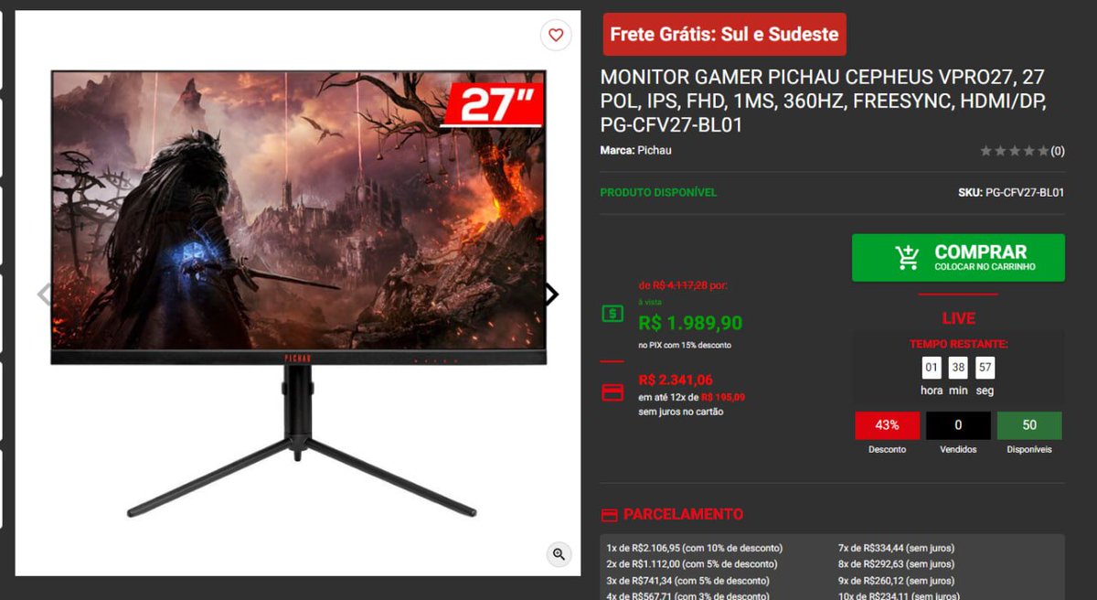 Monitor Gamer Pichau Cepheus VPRO27, 27 Pol, IPS, FHD, 1ms, 360Hz,  FreeSync, HDMI/DP, PG-CFV27-BL01