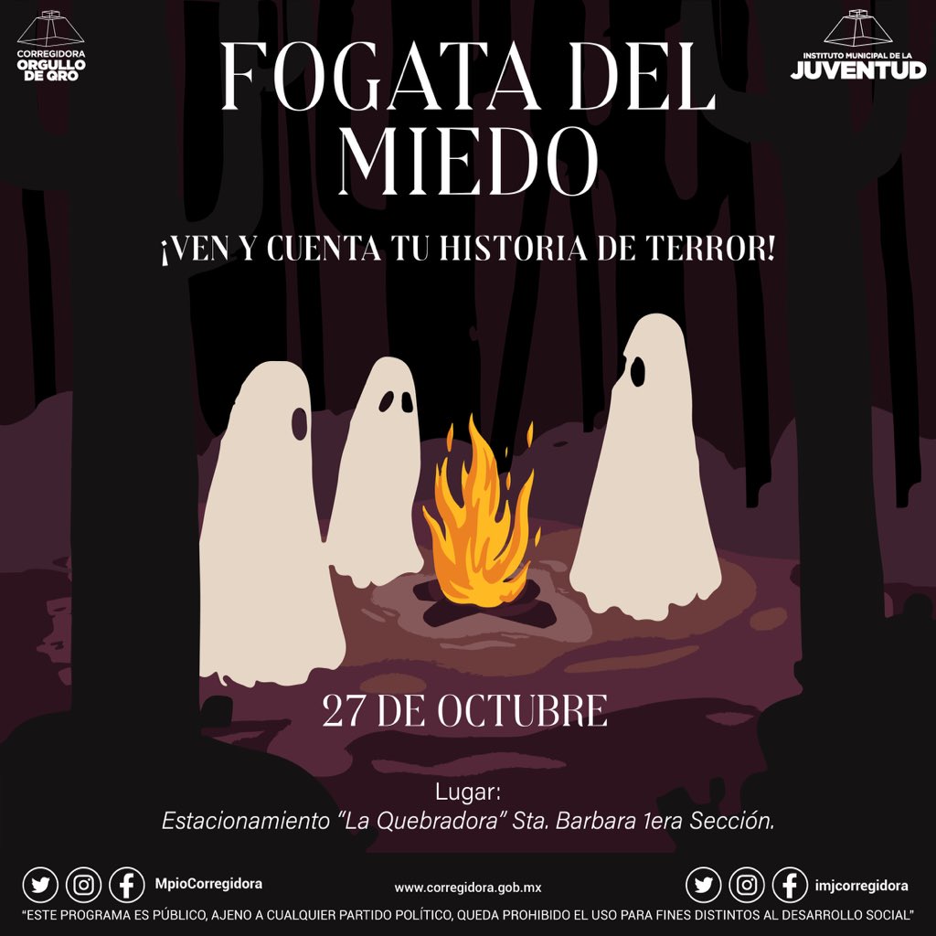 imjcorregidora's tweet photo. ¡Ya se siente la spooky season!👻🎃
Te invitamos a la "Fogata del terror" y nos cuentes tu historia más aterradora.
Aca te dejamos la ubicación 📍
https://t.co/8XGl55EW97
¡No olvides llevar tu disfraz!
#ExpresArte con las juventudes https://t.co/y9ZXM1rTmr
