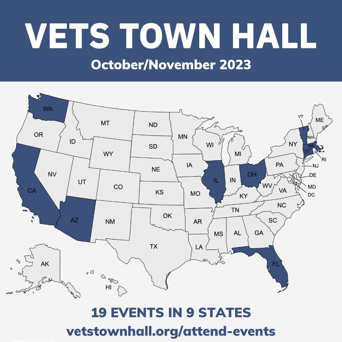 This is our first full calendar year as an organization, and we have 19 events in 9 states scheduled for this October/November. Each event is spearheaded by a local organizer with the aim of increasing understanding between veterans and non-veterans. vetstownhall.org/attend-events/