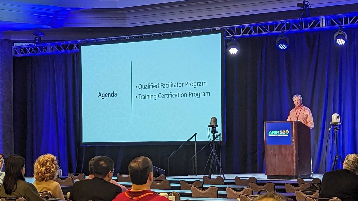 Next at #ARIN52, Certification Program Manager Marty McLaughlin is sharing an overview of the recently launched ARIN #QualifiedFacilitator Program as well as a look ahead at a new Training Certification Program now in the planning stages: arin.net/streamARIN52 #IPv4