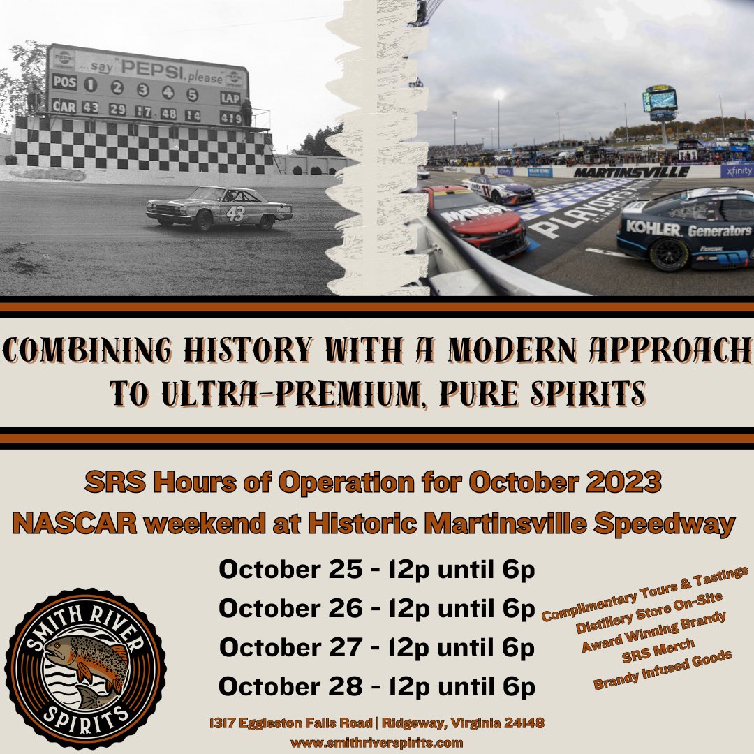 We’re gearing up for the penultimate #NASCARPlayoffs Race at Historic Martinsville Speedway next week!

Our Hours of Operation will be expanded for race week and we hope to see you all for a complimentary tour &amp; tasting!

#NASCAR75 #VisitMartinsville #Distillery #DistilleryStore