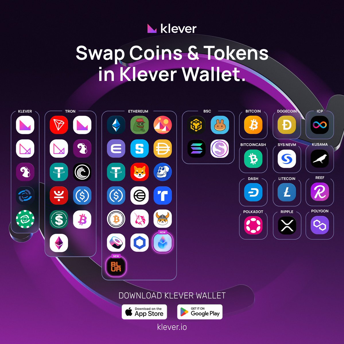 klever_io's tweet image. Jump between worlds with #KleverSwap 🔁

Explore the vast universe of 16+ #blockchains, all at your fingertips:

✅ #Klever
✅ #Tron
✅ #Ethereum
✅ #BSC
✅ #Bitcoin
...&amp;amp; many more, including fresh token arrivals:

✨ #BLUR
✨ #LDO