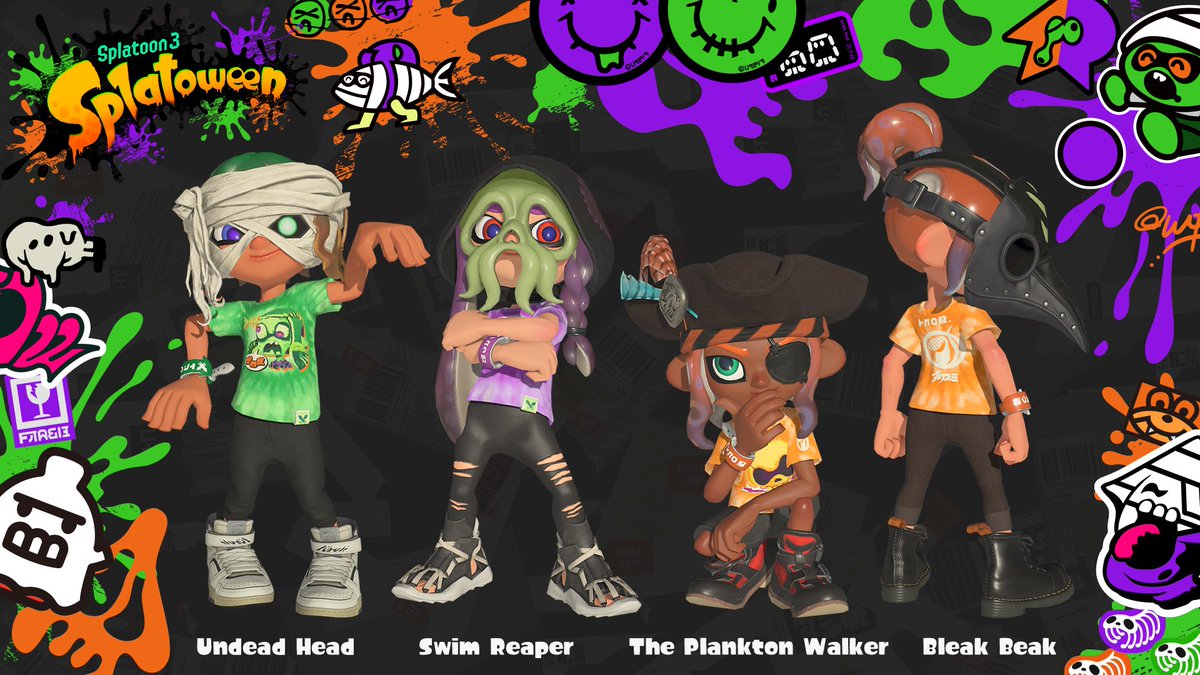 SplatoonNA's tweet photo. Remember the Splatoween-themed gear we mentioned earlier? It's available starting today!

To get yours, open News on your Nintendo Switch system, then launch the Splatoon 3 game via the Squid Research Lab article. After that, visit the in-game lobby to collect your stuff! https://t.co/ZSFyXjBx95