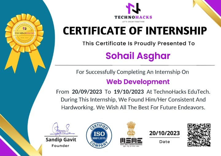 Received Certificated of completion of Web Development Internship at TechnoHacks EduTech Official from 20 Sept to 19 Oct, 2023. This one moth internship experience is great. I get to explore more and polish my web development skills.

#TechnoHacksInternship #WebDevelopmentJourney