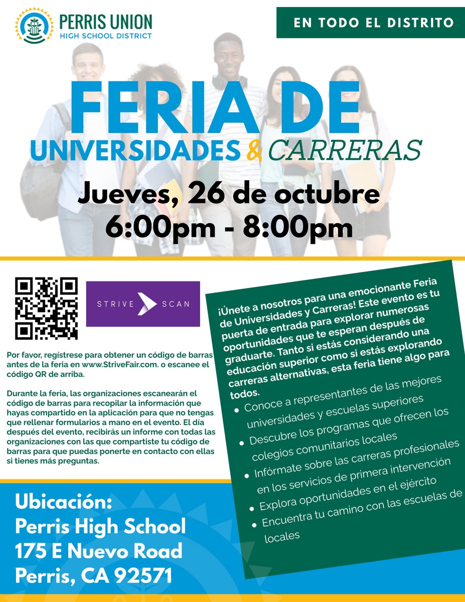 TerraBitesCafe's tweet photo. Join us for the PUHSD College &amp; Career Fair on Oct 26, 6-8pm at Perris High School! Meet colleges, trade schools, first responders, and the military. Register for your barcode at https://t.co/XmV9KLQvyh and get connected! See you there! https://t.co/GdkdZgrdeK