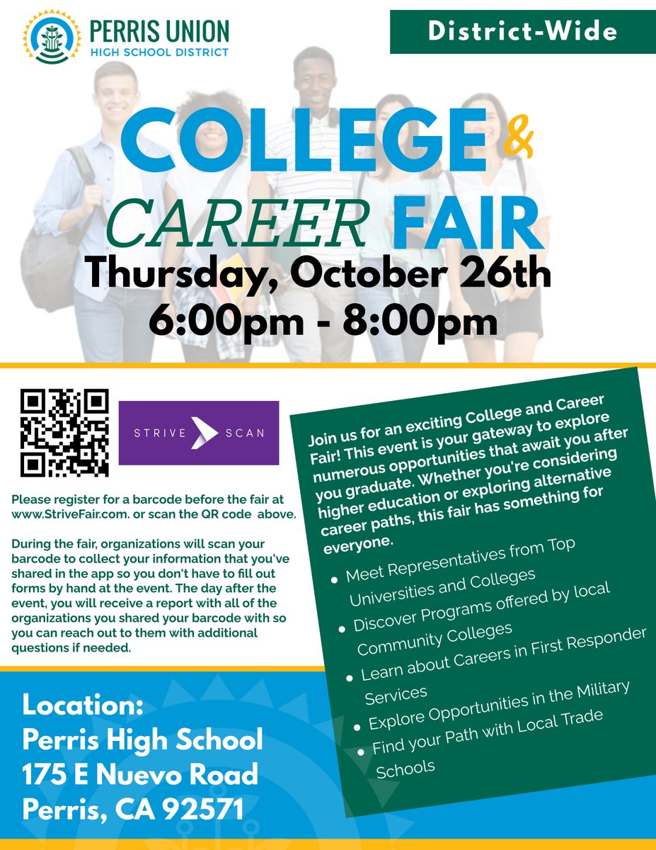 TerraBitesCafe's tweet photo. Join us for the PUHSD College &amp; Career Fair on Oct 26, 6-8pm at Perris High School! Meet colleges, trade schools, first responders, and the military. Register for your barcode at https://t.co/XmV9KLQvyh and get connected! See you there! https://t.co/GdkdZgrdeK