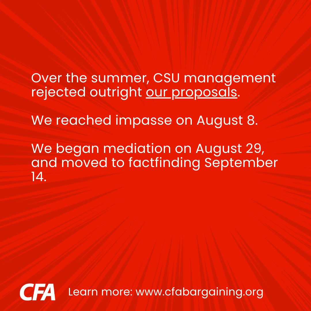 CFA_United's tweet image. Where are we in the re-opener bargaining? CFA is currently in the fact-finding phase of the statutory process. 

Stay informed: calfac.org/strike-authori… #DidYouKnow # #RaiseTheFloor #CFA4Faculty #CFAInBargaining #RespectUsPayUS #DoBetterCSU #Teaching4Justice
