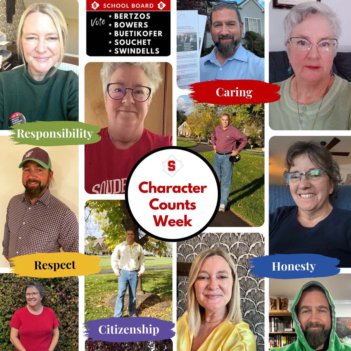 Character Counts Week may be over, but this team thinks that character counts every week of the year.

VOTE on NOVEMBER 7 for Bertzos, Bowers, Buetikofer, Souchet, and Swindells!

#sasd #responsibleleadership #vote #charactercounts