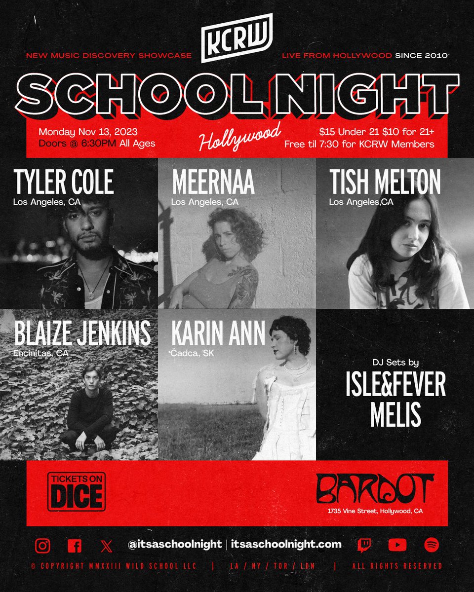 School Night (@itsaschoolnight) on Twitter photo LA, we’re back with another lineup of incredible rising stars. Join KCRW & School Night Mon 11/13 at @bardot_hllywd for performances by <a href="/tylercole/">existential crisis boy</a>, <a href="/MeernaaBandTime/">Meernaa</a>, <a href="/tishmelton/">tishmelton</a>, Blaize Jenkins, & <a href="/itskarinann/">Karin Ann</a>! Plus DJ sets by isle&fever & Melis! Tix here: link.dice.fm/U5af5c8c3b20 LA, we’re back with another lineup of incredible rising stars. Join KCRW & School Night Mon 11/13 at @bardot_hllywd for performances by <a href="/tylercole/">existential crisis boy</a>, <a href="/MeernaaBandTime/">Meernaa</a>, <a href="/tishmelton/">tishmelton</a>, Blaize Jenkins, & <a href="/itskarinann/">Karin Ann</a>! Plus DJ sets by isle&fever & Melis! Tix here: link.dice.fm/U5af5c8c3b20