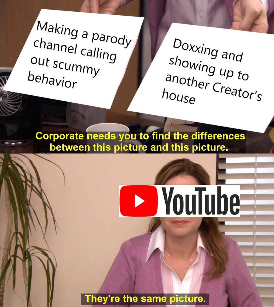 PuffWithHam's tweet photo. @TeamYouTube @jacksfilms @YouTube "behavior on both sides"? What a joke. https://t.co/IrSj3n1bl6
