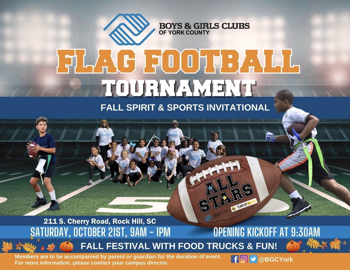 JSanders0816's tweet photo. Come see us tomorrow for Boys &amp; Girls Clubs of York County’s First Annual Flag Football Tournament at Rock Hill District 3 Stadium from 9-1! 🏈🚩 https://t.co/4mubFUnhs6