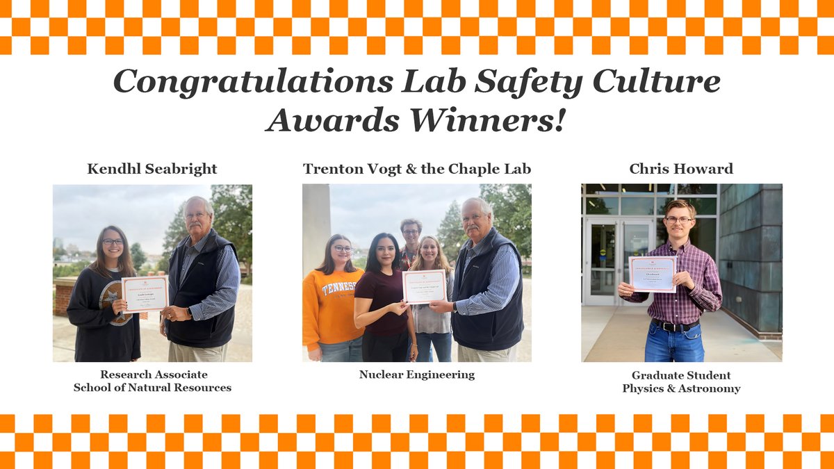 UTKEHS's tweet photo. The Lab Safety Culture Awards Subcommittee would like to congratulate its third quarter award winners Kendhl Seabright, Trenton Vogt and the Chaple Lab, and Chris Howard. https://t.co/PZI1fBRXOh https://t.co/tqEjhgM5Ac