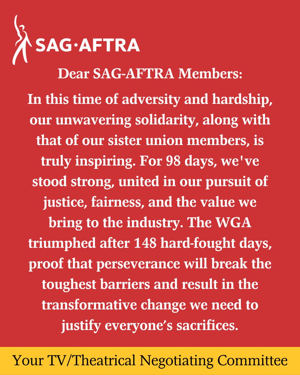 Dear #SagAftraMembers:

In this time of adversity and hardship, our unwavering solidarity, along with that of our sister union members, is truly inspiring. For 98 days, we've stood strong, united in our pursuit of justice, fairness, and the value we bring to the industry. 1/21