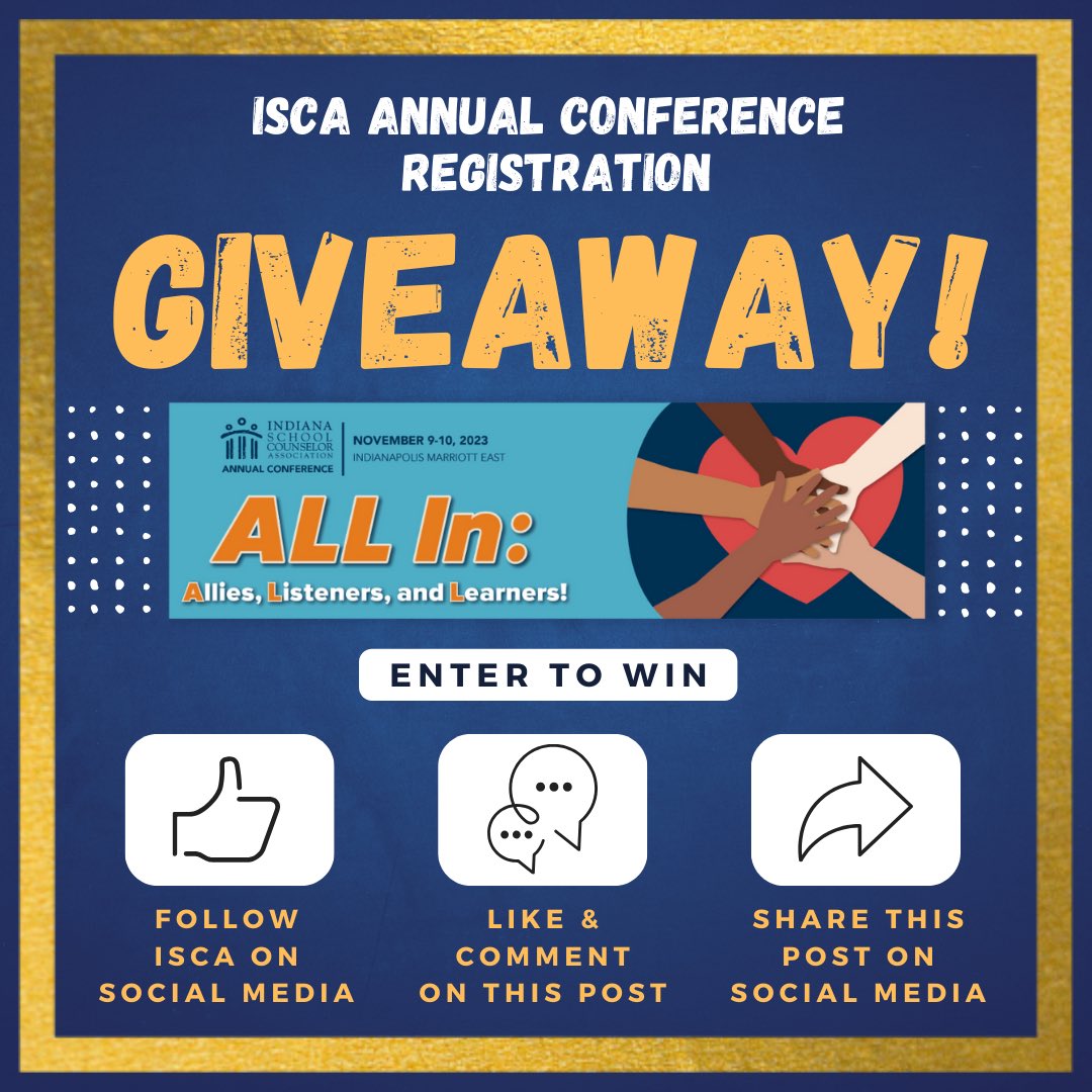 ISCA_IN's tweet photo. The annual Indiana School Counselor Association conference is almost here!  If you have not registered to join us on Nov 9th &amp; 10th @ Indianapolis Marriott East, we will be giving away one free registration!  One entry per follow, like, comment, and share on Instagram, Facebook https://t.co/swhTDo0sKG