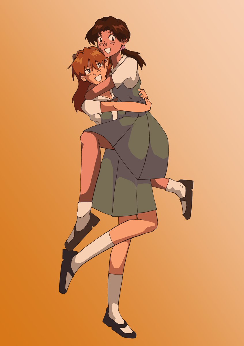 souryuu asuka langley multiple girls 2girls school uniform tokyo-3 middle school uniform hug socks smile  illustration images