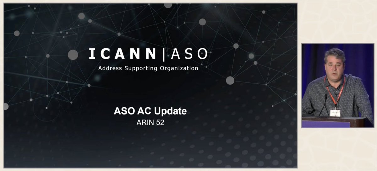 And we've reached the final presentation of #ARIN52! Kevin Blumberg is updating us on the @ICANN Address Supporting Organization (ASO) Address Council (AC). Catch the last moments of the meeting: arin.net/streamARIN52